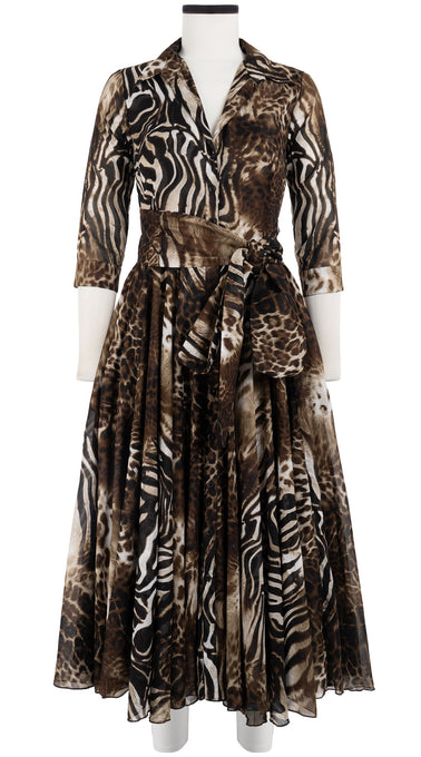 Aster Dress Shirt Collar 3/4 Sleeve Midi Length Cotton Musola (Zebra Leopard)