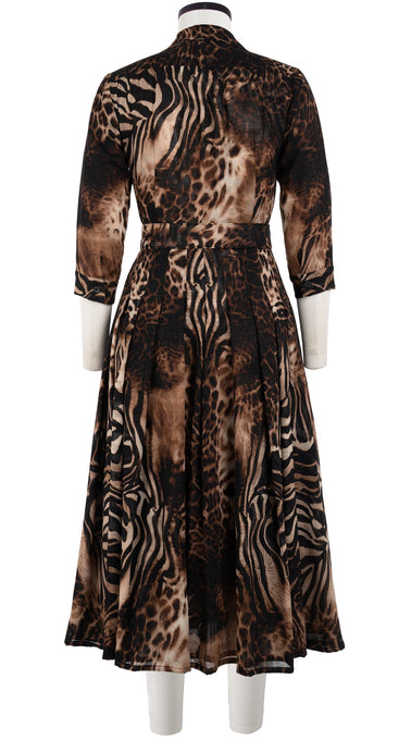 Audrey Dress #4 Shirt Collar 3/4 Sleeve Midi Length Wool Musola (Zebra Leopard)