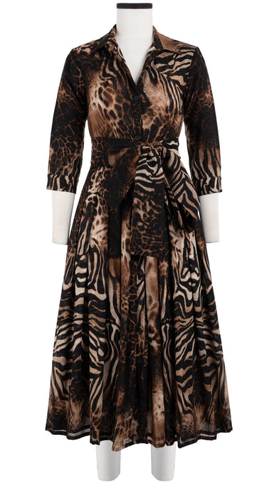 Audrey Dress #4 Shirt Collar 3/4 Sleeve Midi Length Wool Musola (Zebra Leopard)