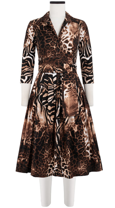 Audrey Dress #6 Shirt Collar 3/4 Sleeve Long Length Cotton Stretch (Zebra Leopard)